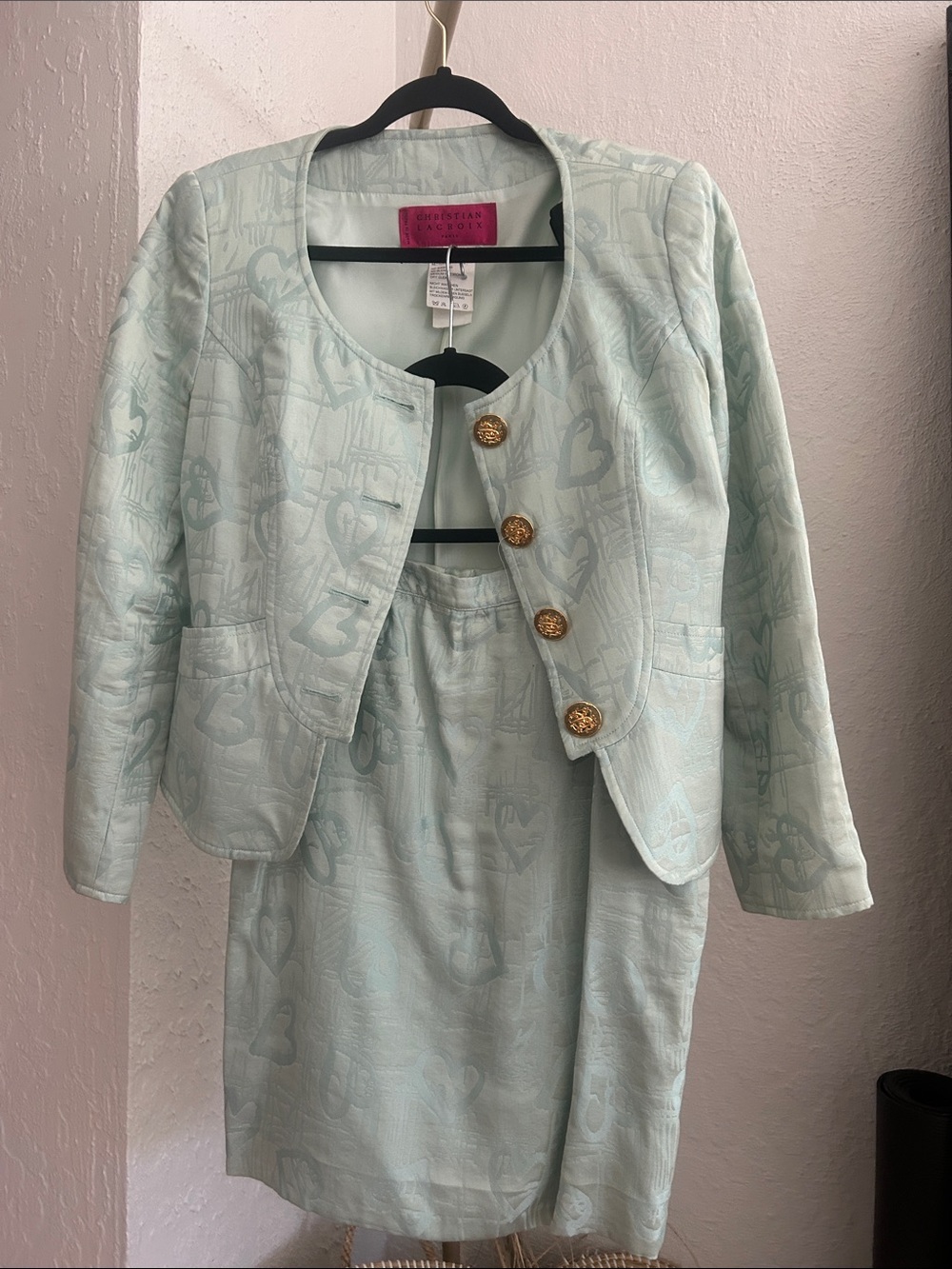 Christian Lacroix Mint Jacquard Cropped Blazer & Skirt Set